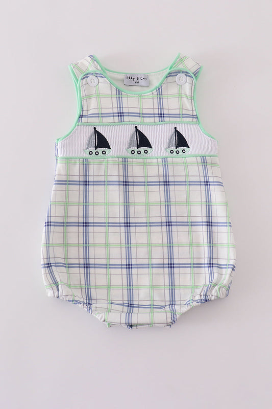 Boys Green Smocked Seersucker Sailboat Bubble