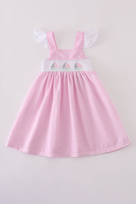 Girls Pink Smocked Seersucker Sailboat Dress