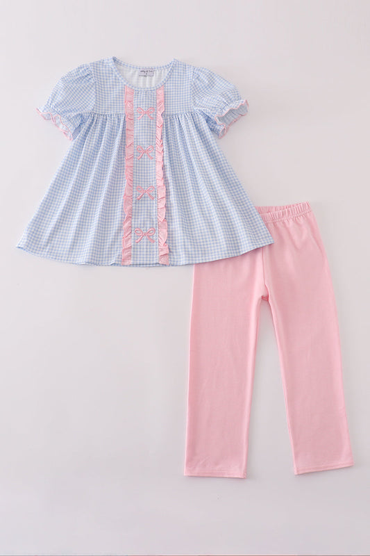 Girls Embroidered Pink & Blue Bow Pants Set
