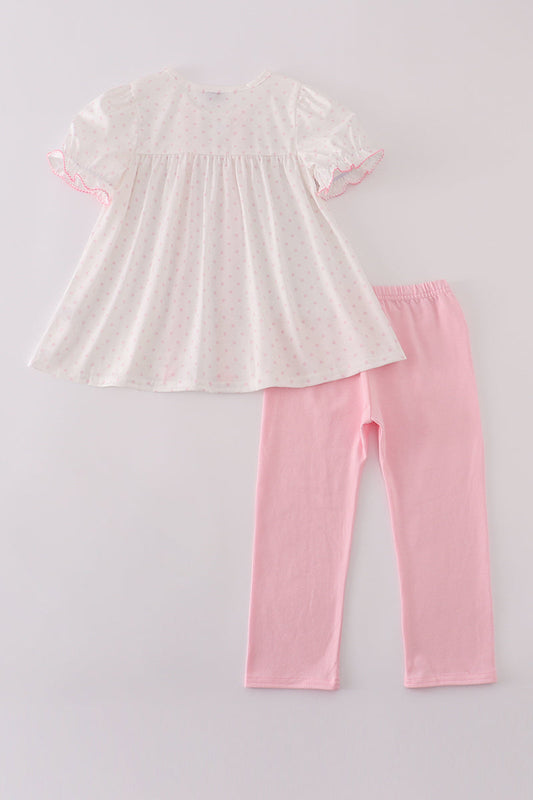 Girls Embroidered Pink Dot Bow Pants Set