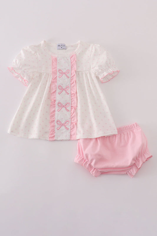 Girls Embroidered Pink Dot Bow Bloomer Set