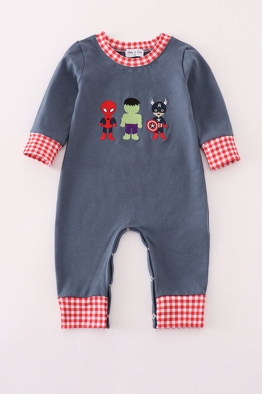 Boys Navy Embroidered Superhero Character Romper