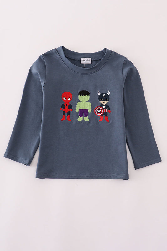 Boys Navy Embroidered Superhero Character Long Sleeve