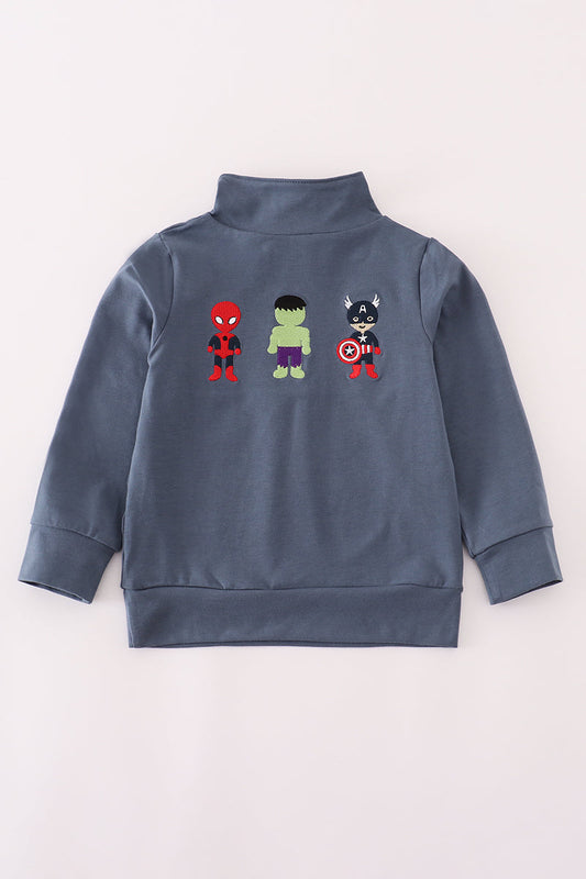 Boys Navy Embroidered Superhero Character Quarter Zip