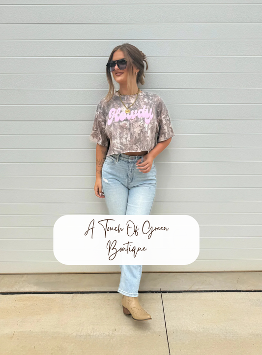 Dark Camo Tee with Pink Howdy Cropped Graphic