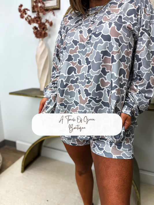 PREORDER Gray Duck Camo Two Piece Long Sleeve Boxer Set (SOLD AS SET)