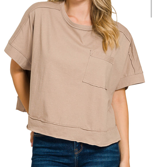 Exposed Seam Oversized Boxy Tee- Mocha