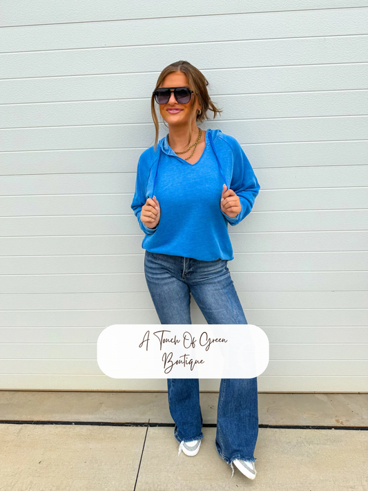 PREORDER Split Neck Rounded Hem Ash Wash Pullover in Sonic Blue