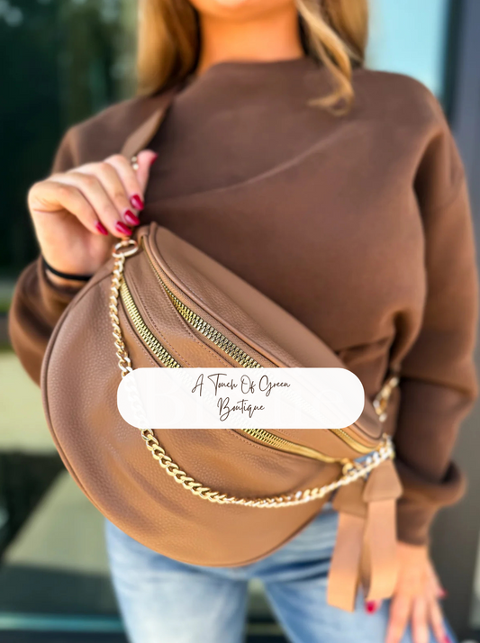 PREORDER Camel Double Zipper Crossbody Bag