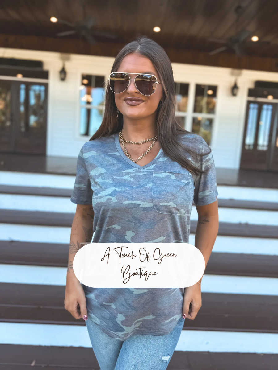 PREORDER Soft Style V Neck Pocket Tee in Army Camo