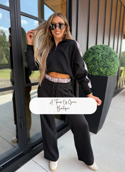 PREORDER Two Piece Black Set with Dark Camo Stripe (Sold as Set)