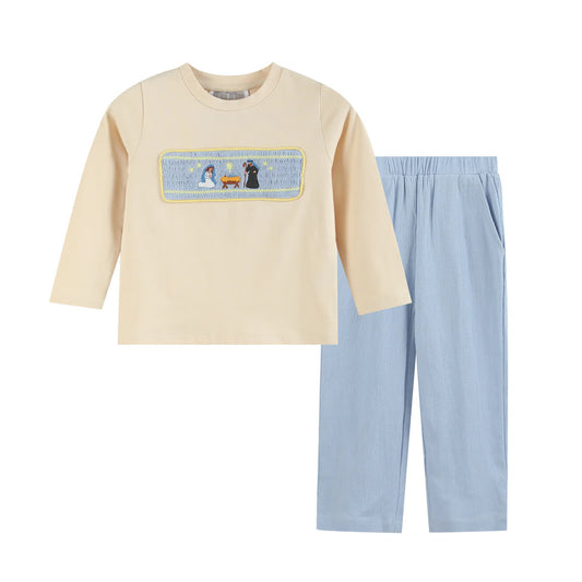 Light Brown Nativity Smocked Blue Pants Set