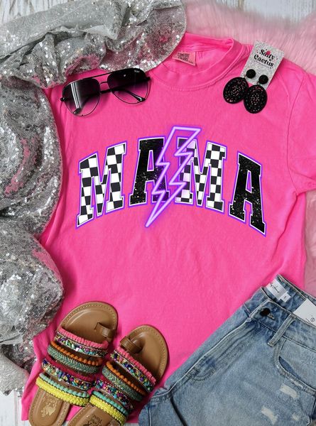 Checkered Neon Pink Mama Bolt Graphic Tee