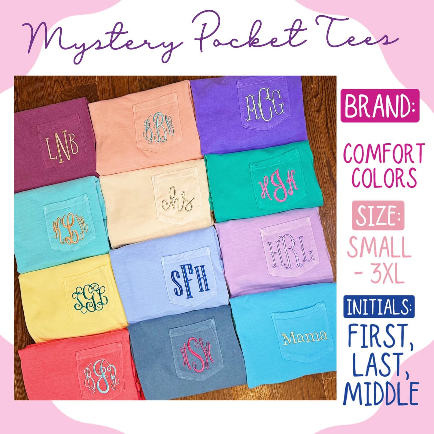 Mystery Monogram Comfort Color Pocket Tees