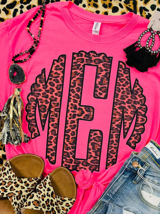 Leopard Monogram Tee- Hot Pink
