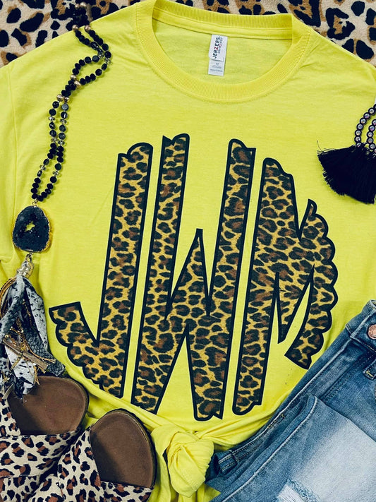 Leopard Monogram Tee-Neon Yellow