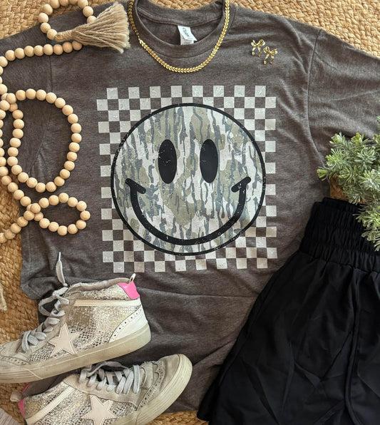 Women's Checkered Camo Smiley Tee