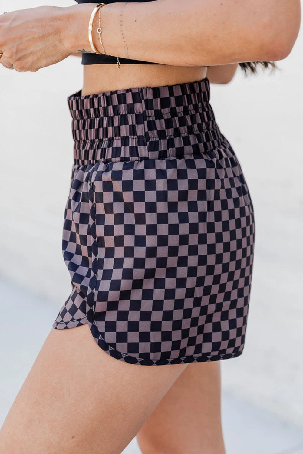 Brown Checkered High Waisted Shorts