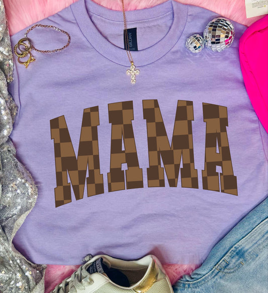 Brown Checkered Mama T-shirt-Orchid