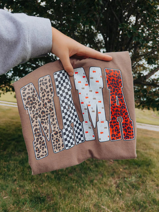 Mama Leopard Checkered Cherries Comfort Colors Tee