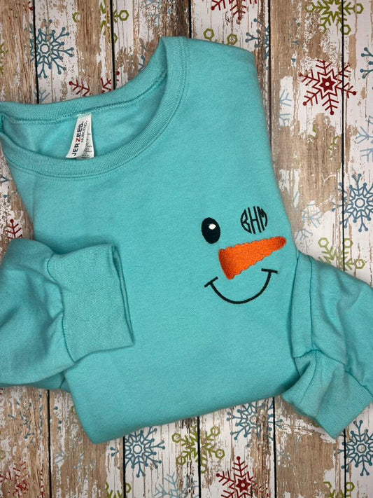 Embroidered Monogram Snowman Crewneck-Christmas In July