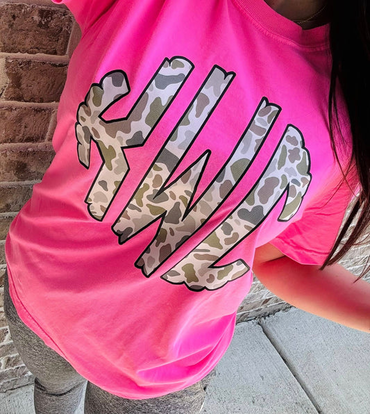 Camo Monogram Comfort Colors Graphic Tee-Pink