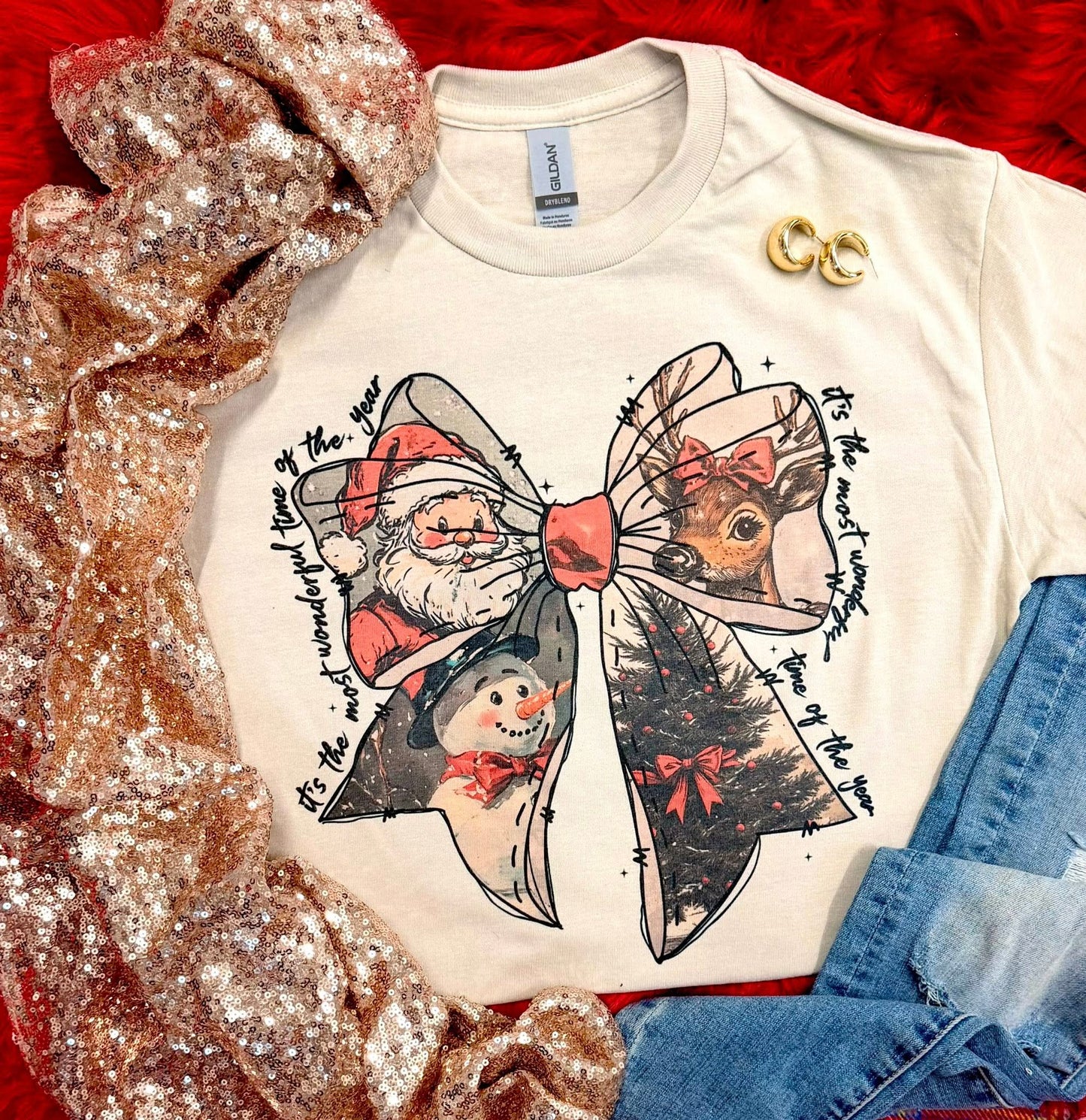 Wonderful Time Of Year Black Words With Bow Tan Tee