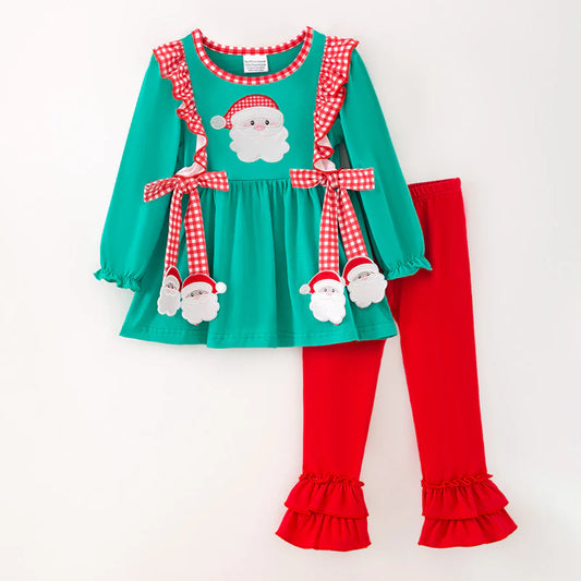 Girls Christmas Santa Claus Appliqué Cotton Ruffle Pants Set