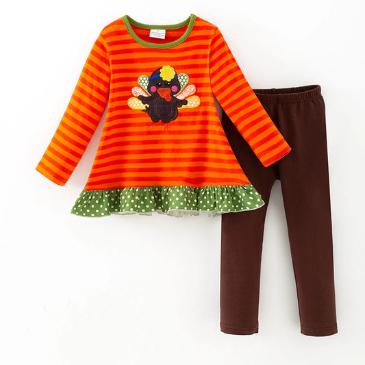 Girls Thanksgiving Turkey Appliqué Outfit Set