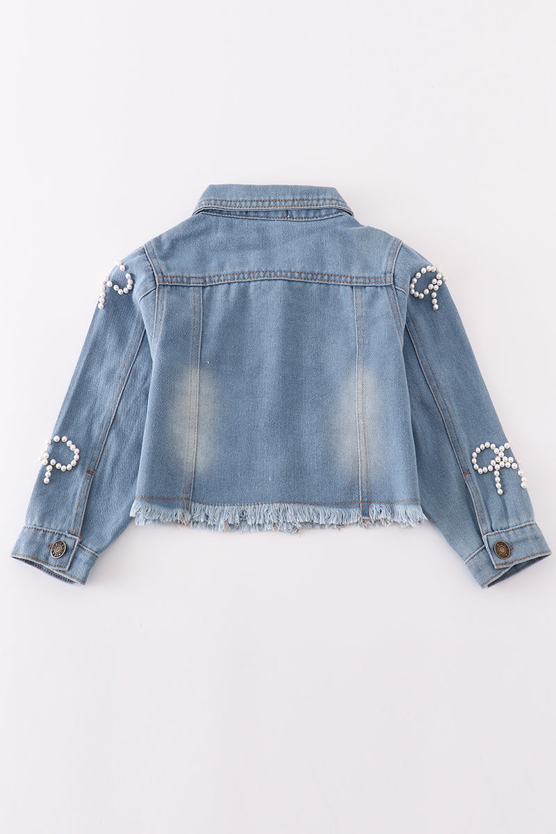 Girls Pearl Bow Jean Jacket- Light Wash