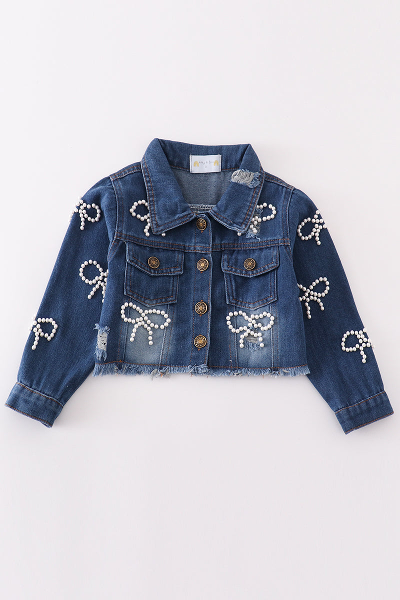 Girls Pearl Bow Jean Jacket- Dark Wash