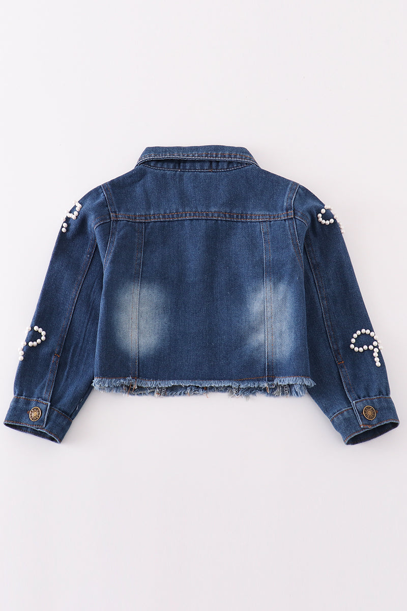 Girls Pearl Bow Jean Jacket- Dark Wash