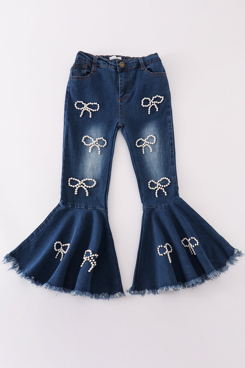 Girls Pearl Bow Jeans- Dark Wash