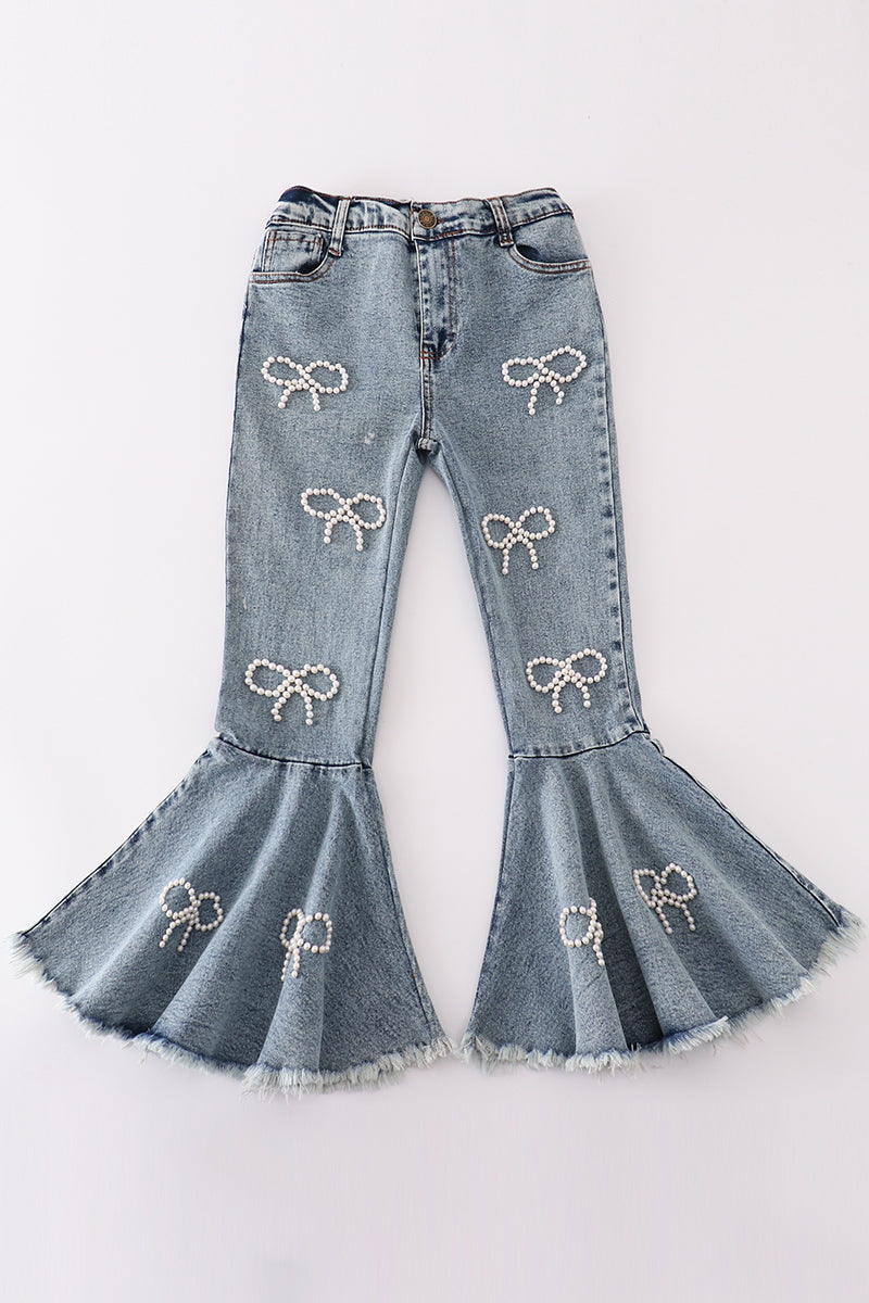 Girls Pearl Bow Jeans- Light Wash