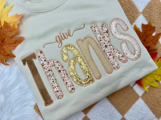Embroidered Give Thanks Appliqué Tee/Crewneck