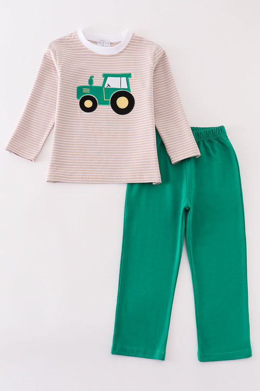 Boys Green Stripe Tractor Pants Set