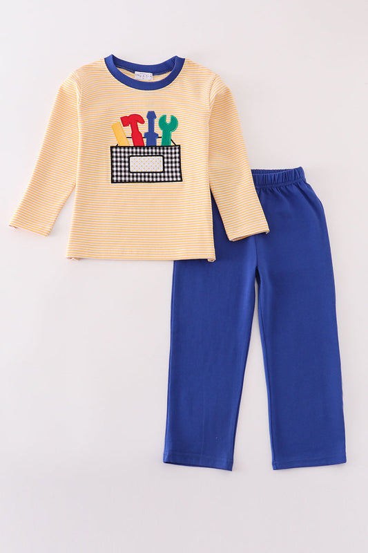 Boys Mustard Stripe Tool Appliqué Pants Set