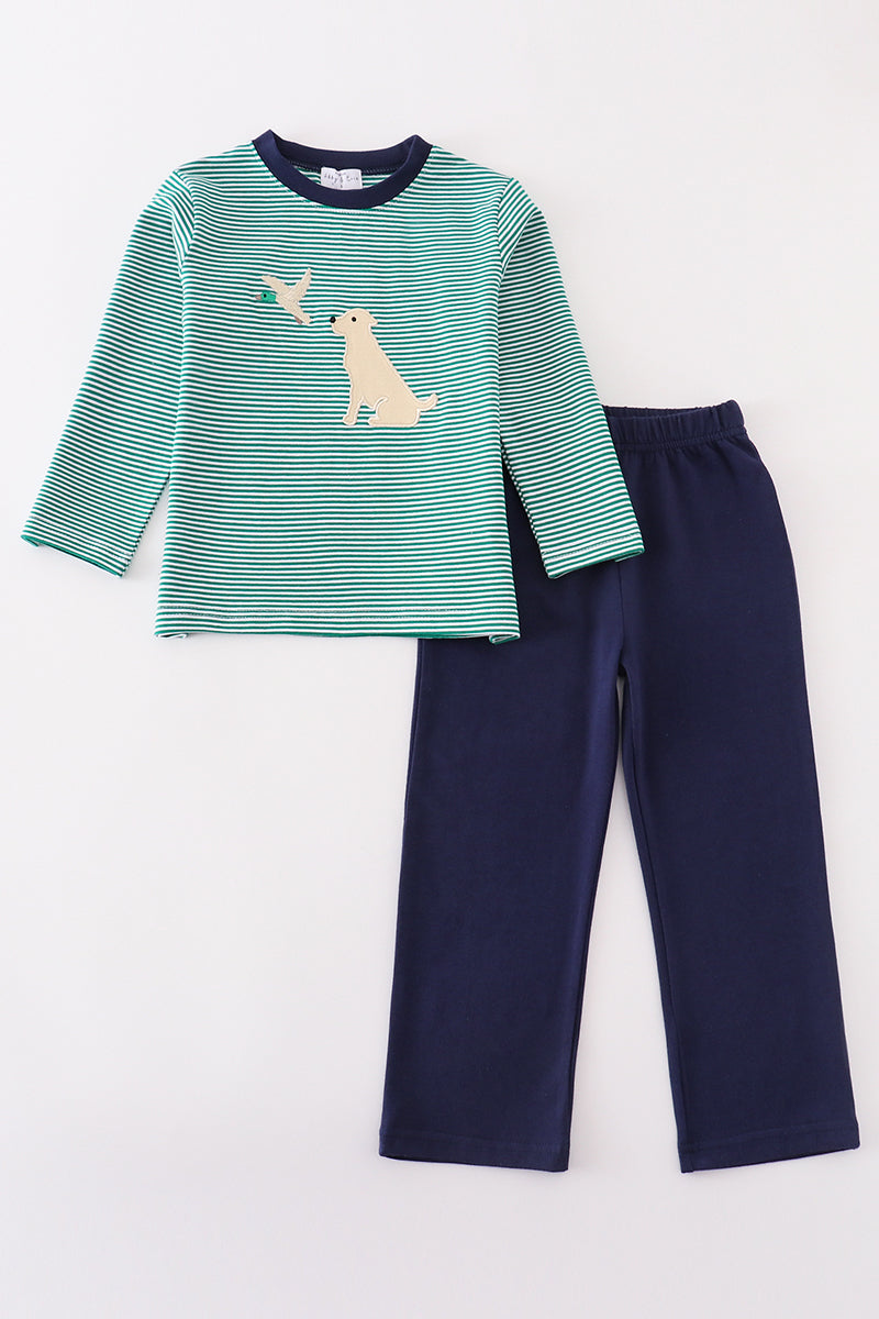 Boys Green Stripe Hunting Puppy Appliqué Pants Set