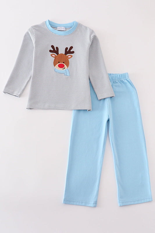 Boys Grey & Blue Reindeer Appliqué Pants Set