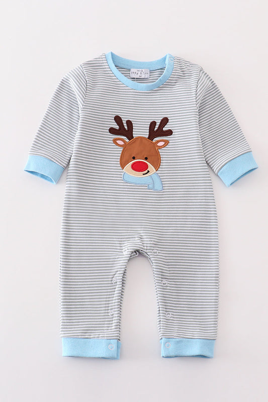 Boys Grey & Blue Reindeer Appliqué Romper