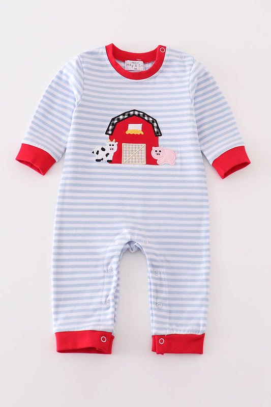 Boys Red Stripe Farm Appliqué Romper