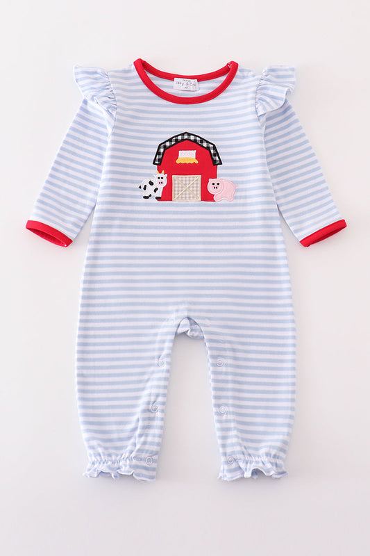 Girls Red Stripe Farm Appliqué Romper