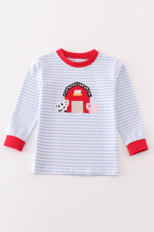 Boys Red Stripe Farm Appliqué Top