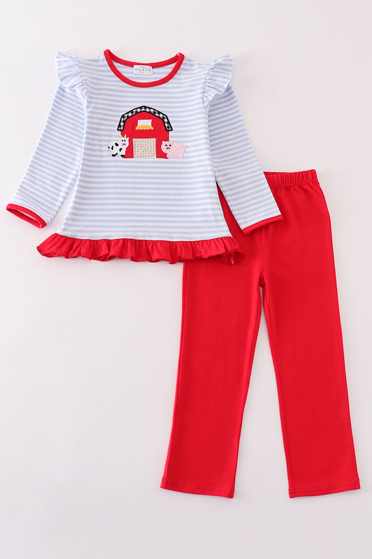 Girls Red Stripe Farm Appliqué Pants Set