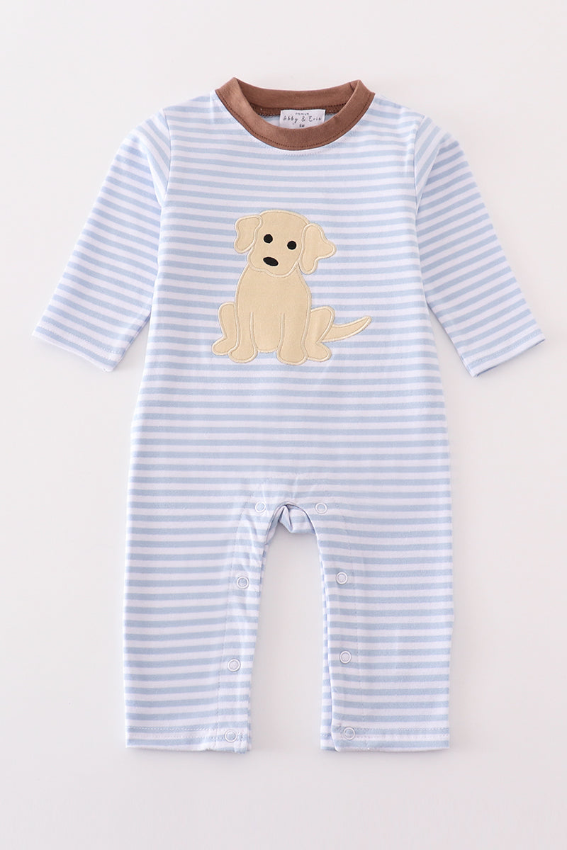 Boys Brown Stripe Puppy Appliqué Romper