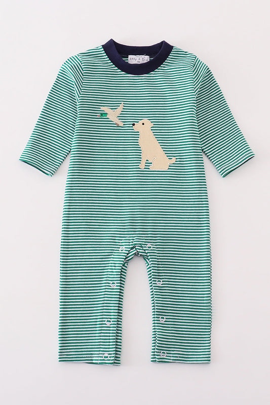 Boys Green Stripe Hunting Puppy Appliqué Romper