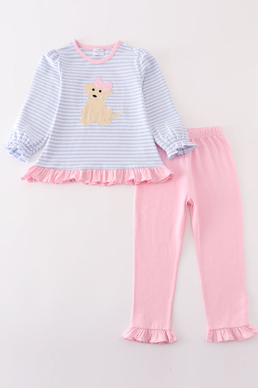 Girls Blue Stripe Puppy Appliqué Pants Set