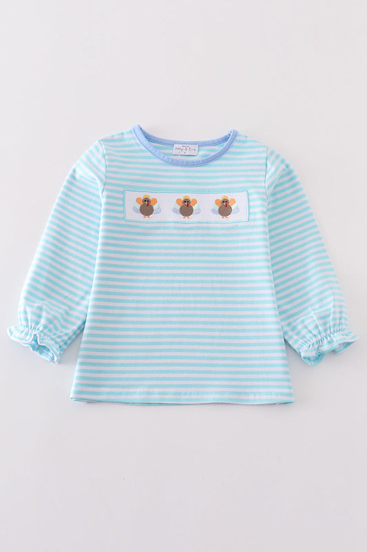 Girls Blue Embroidered Turkey Top