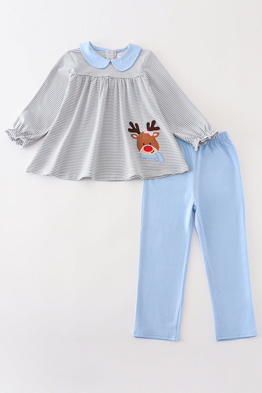 Girls Grey & Blue Reindeer Appliqué Pants Set