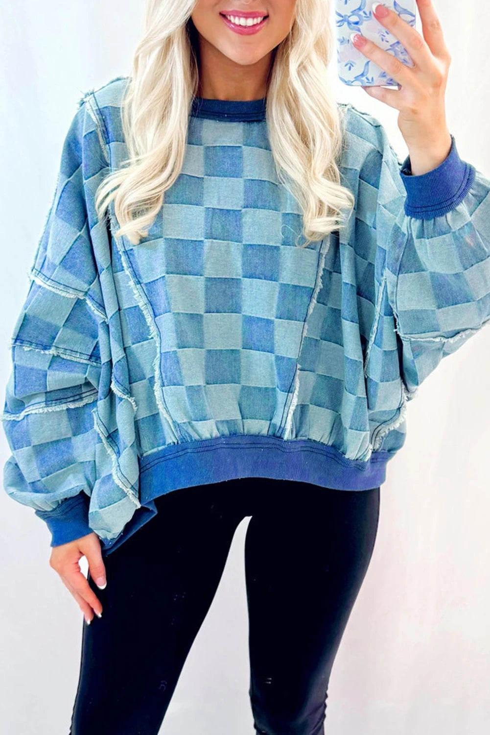 Blue Checkered Raw Hem Pullover